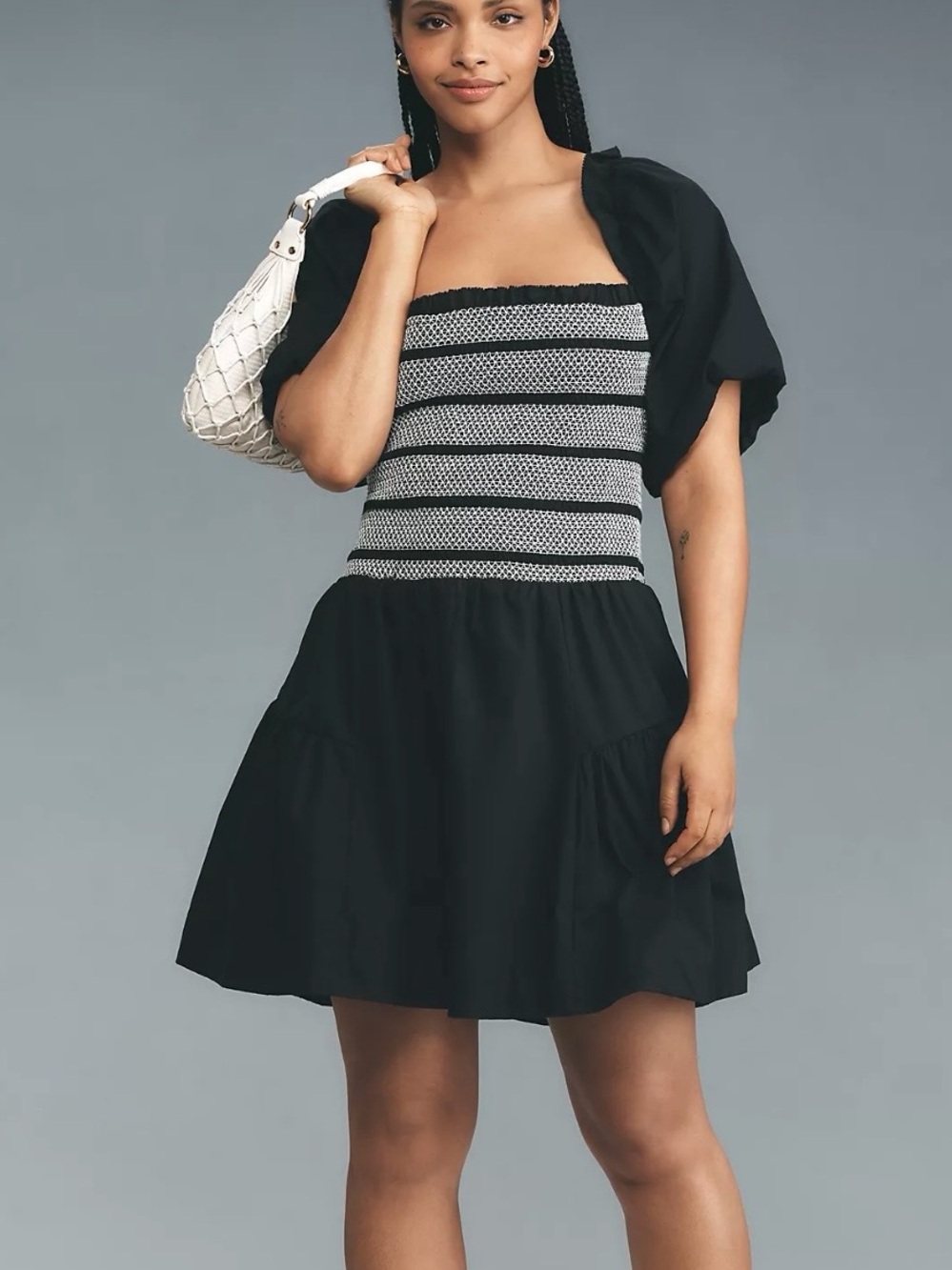 Anthropologie Puff Sleeve Square Neck Smocked Mini Dress Large NWT Black White